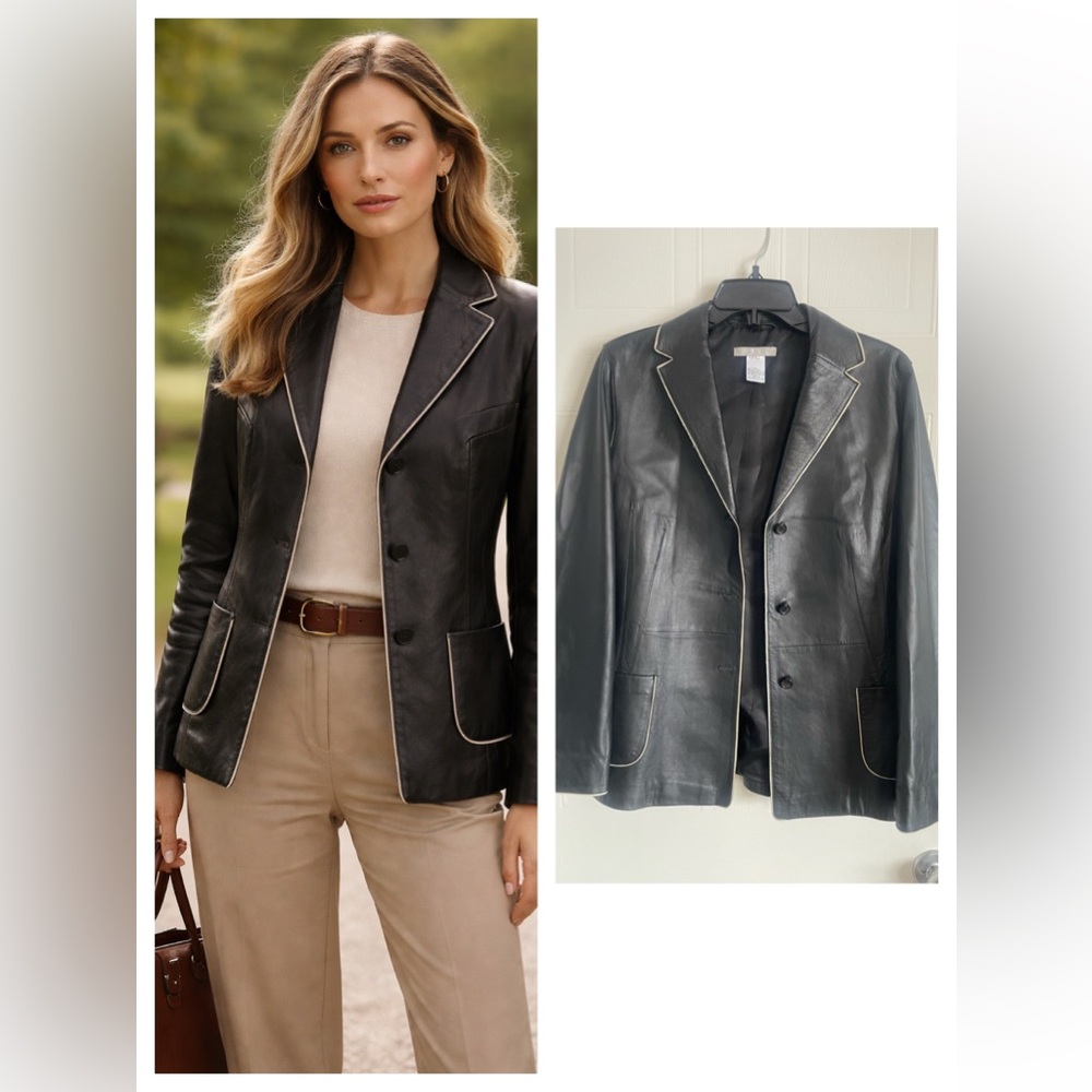 Black Leather Blazer Size 10 Tailored Contrast Piping Classic 90s